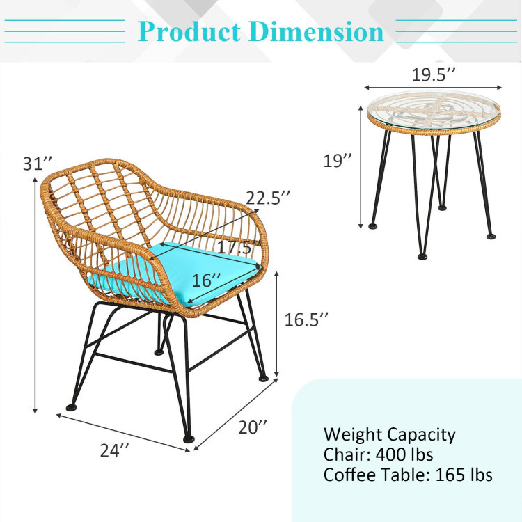 3 Pieces Rattan Furniture Set With Cushioned Chair Table - Image 6