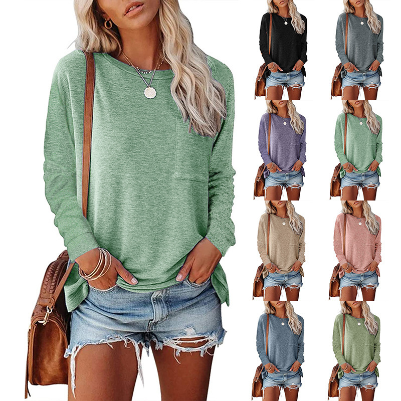 Pocket Split Long-sleeved Casual Bottoming T-shirt - Image 8