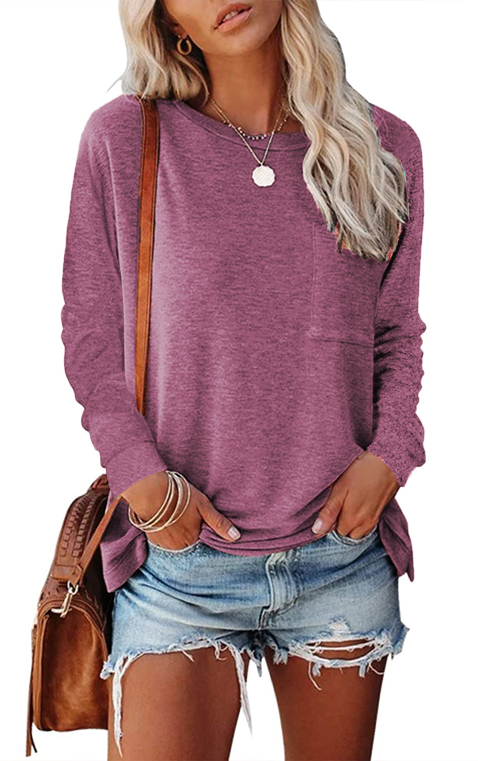 Pocket Split Long-sleeved Casual Bottoming T-shirt - Image 5