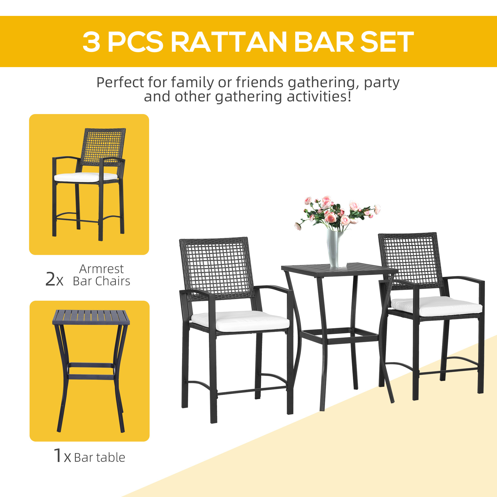3pcs Patio Bar Set With Soft Cushion, Rattan Wicker Outdoor Furniture Set For Backyards, Lawn, Deck, Poolside - Image 3