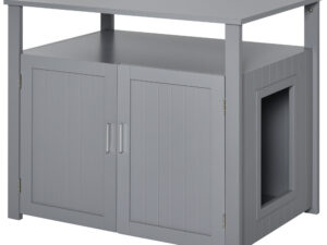 PawHut Wooden Cat Litter Box Enclosure Furniture With Adjustable Interior Wall & Large Tabletop For Nightstand, Grey