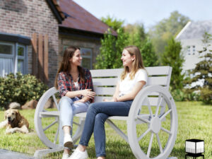 41" Wooden Wagon Wheel Bench, Rustic Outdoor Patio Weather Resistance Furniture, 2-Person Slatted Seat Bench with Backrest, Light Gray