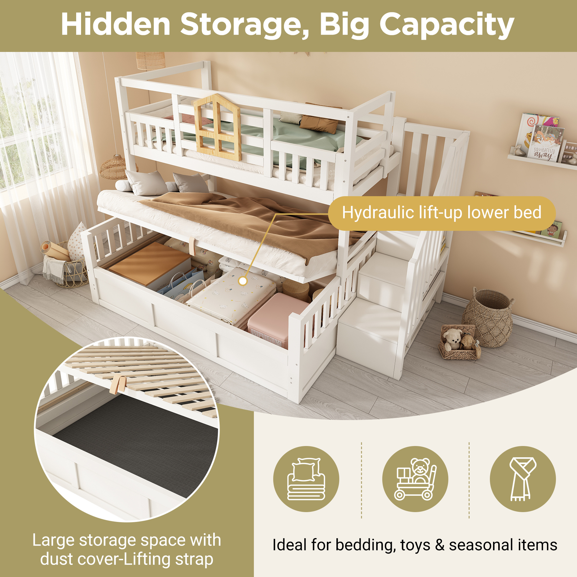 Bunk Beds For Kids, Staircase Bunk With Hydraulic Storage, Children S Bed With Storage Cube, Double Bunk Bed For Family With Multiple Children, 90 135 X 190 Cm, Solid Wood, White - Image 5