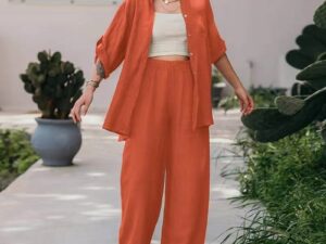 Solid-color Lapel Long-sleeve Pocket Shirt Top And Pants Two-piece Set