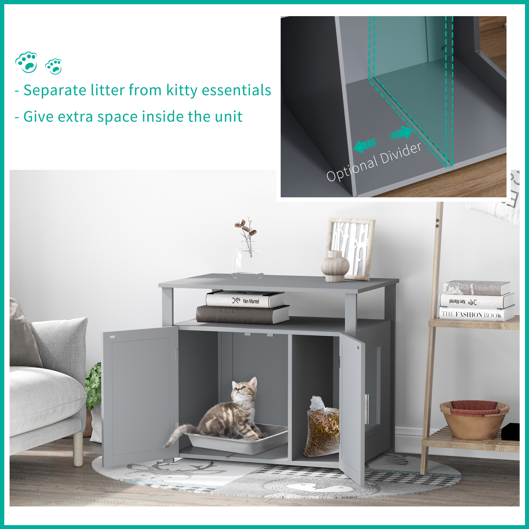 PawHut Wooden Cat Litter Box Enclosure Furniture With Adjustable Interior Wall & Large Tabletop For Nightstand, Grey - Image 2