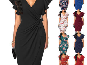 Wrap-style Slimming Waist-cinching Pleated Solid-color Dress For Women