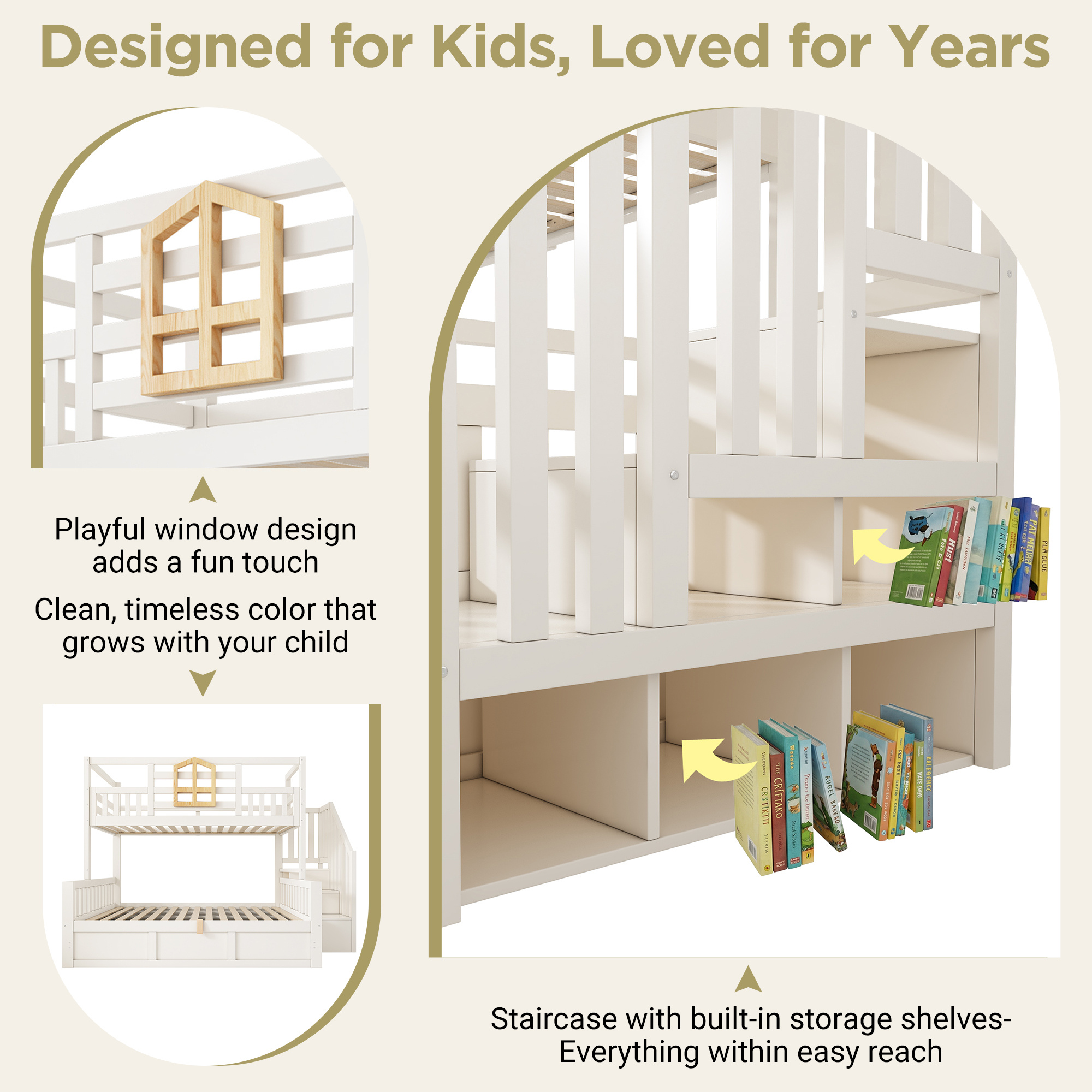 Bunk Beds For Kids, Staircase Bunk With Hydraulic Storage, Children S Bed With Storage Cube, Double Bunk Bed For Family With Multiple Children, 90 135 X 190 Cm, Solid Wood, White - Image 3