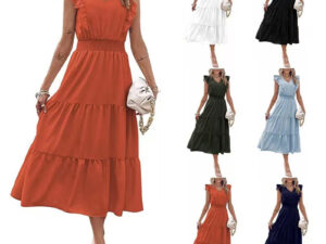 New Ruffled Sleeveless V-Neck Dress Summer Fashion Elastic Waist A-Line Dresses For Womens Clothing