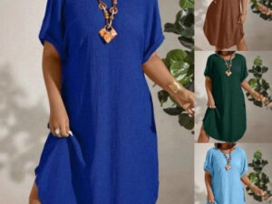 Womens Solid-color Loose-fitting Casual Round-neck Dress