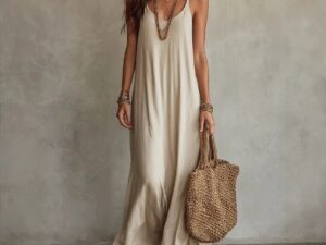 Womens Bohemian Loose-Fit Solid-Color Dress