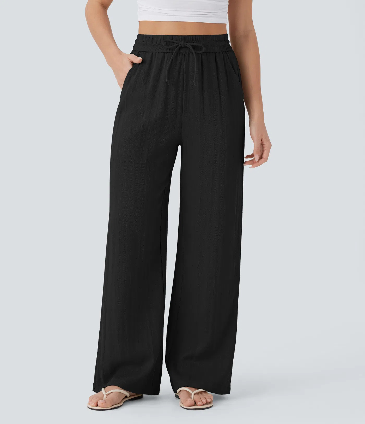 Solid Color Wide Leg Pants With Pockets Fashion Loose Drawstring Trousers Casual Women's Clothing - Image 10