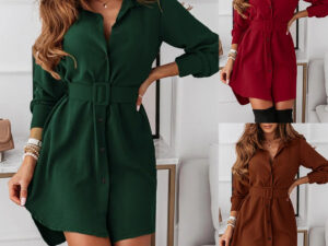 Lapel Long-sleeved Dress With Belt Fashion Elegant Button-down Shirt Dresses For Women