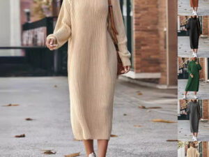Winter Turtleneck Knitted Sweater Dress Fashion Solid Loose Pullover Long Dresses For Women Clothing