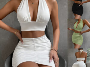 2pcs Dress Suits For Women Halter Lace-up Hip Top And Pleated Hip-covering Skirt